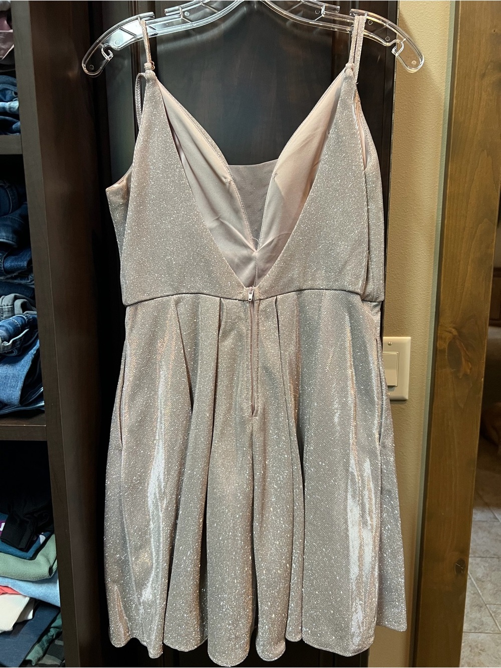B Darlin Shimmery Blush V-Neck A-Line Prom Dress